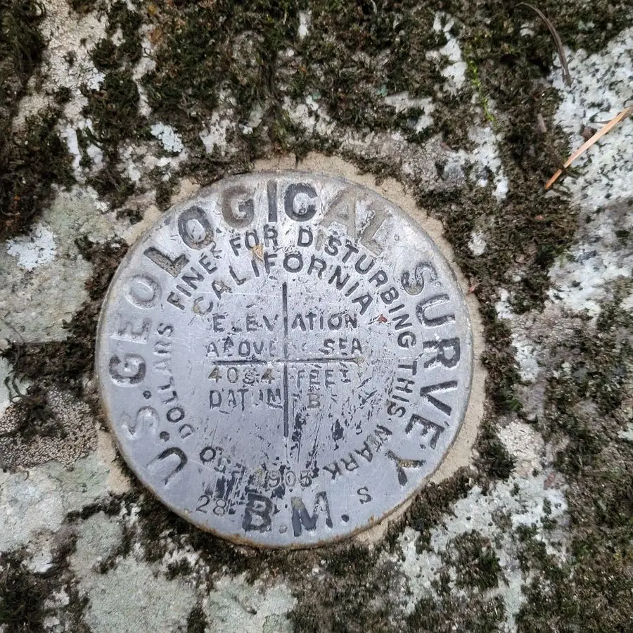 U.S. Geological Survey benchmark disk set in mossy granite, stamped with its elevation above sea level