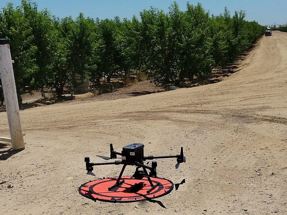 Survey drone on an orange landing pad beside an orchard