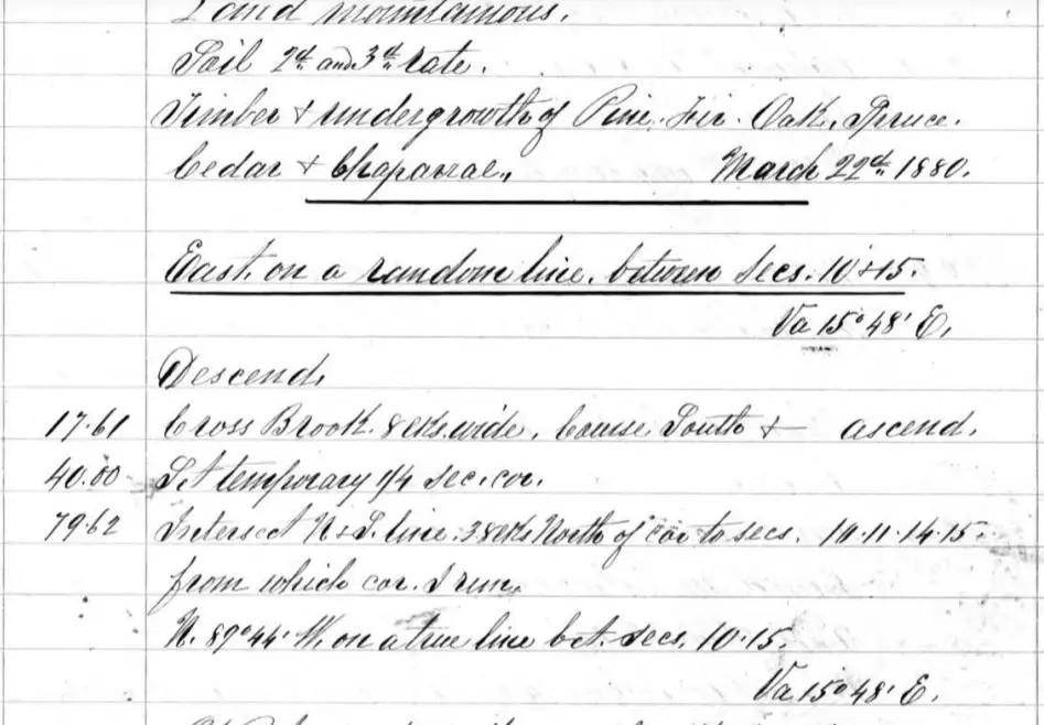 Handwritten original government survey field notes dated March 22, 1880