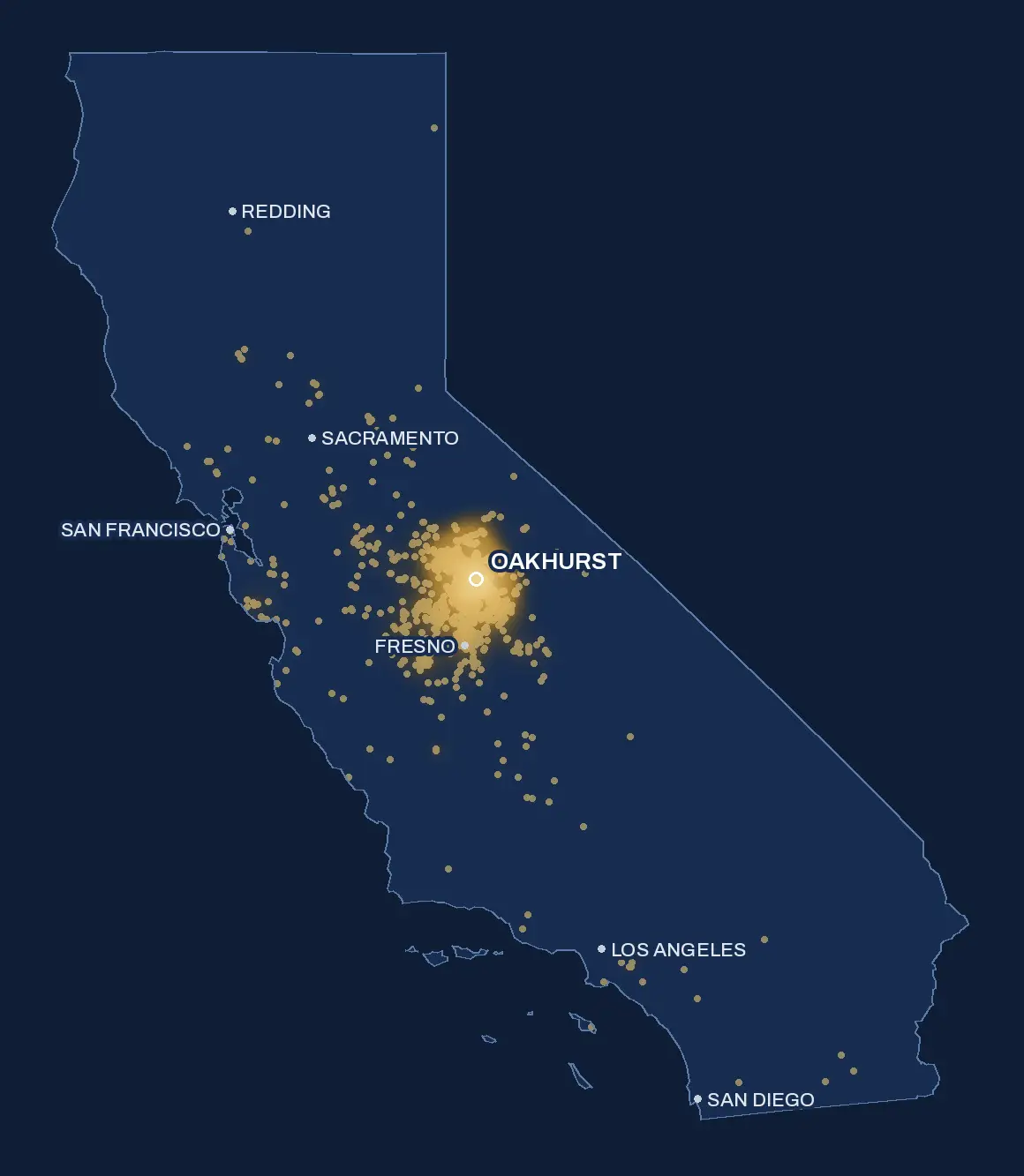 Heat map of job locations across California, brightest around Oakhurst, with points from Redding to San Diego